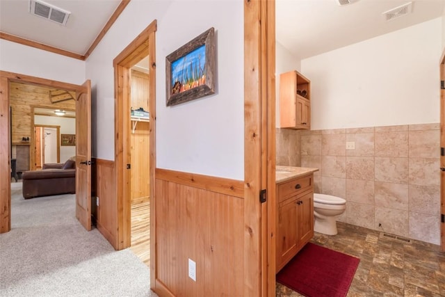 126 E 1st St, Oak Creek, CO 80467 - bathroom featuring wainscoting, toilet, vanity, and crown molding
