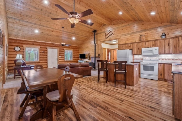 126 E 1st St, Oak Creek, CO 80467 - dining room featuring ceiling fan, high vaulted ceiling, light wood-style floors, wood ceiling, and rustic walls
