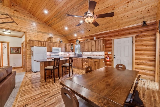 126 E 1st St, Oak Creek, CO 80467 - dining space featuring high vaulted ceiling, wooden ceiling, ceiling fan, light wood-style flooring, and rustic walls