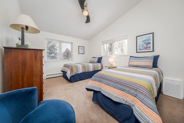carpeted bedroom with vaulted ceiling, baseboard heating, and ceiling fan