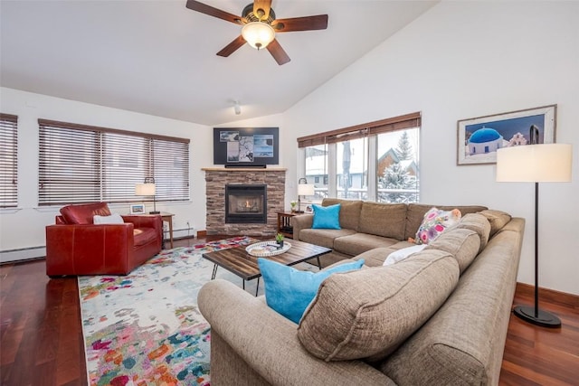 living room with wood finished floors, a ceiling fan, baseboard heating, a fireplace, and high vaulted ceiling