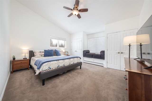 carpeted bedroom with multiple closets, a baseboard heating unit, baseboards, high vaulted ceiling, and ceiling fan