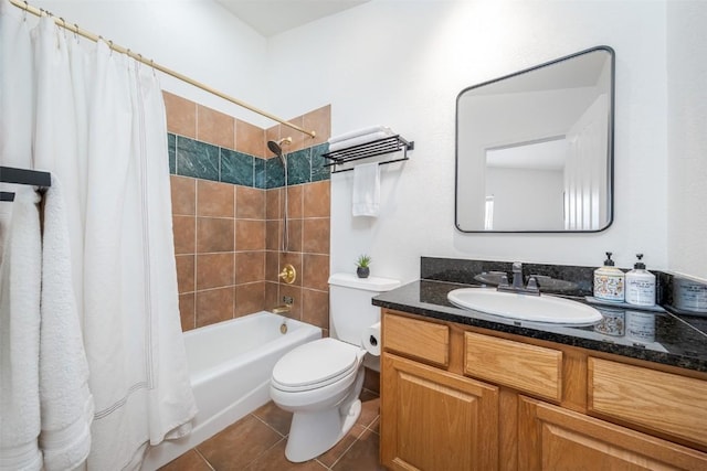 full bathroom with shower / tub combo, toilet, vanity, and tile patterned flooring