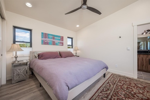30510 Ormega Way, Oak Creek, CO 80467 - bedroom featuring wood finished floors, recessed lighting, vaulted ceiling, and ceiling fan