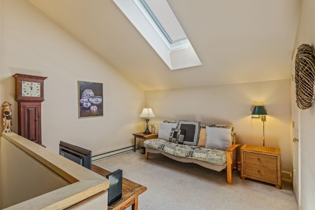 1724 Ski Time Square Dr Unit R5, Steamboat Springs, CO 80487 - carpeted living area with a skylight, vaulted ceiling, and a baseboard heating unit