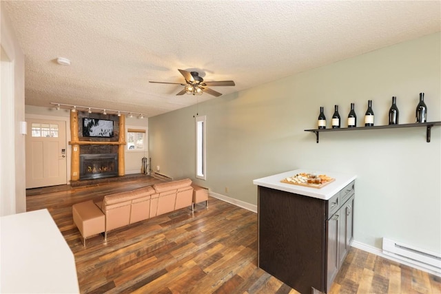 6950 Ryan Gulch Rd Unit 6950, Silverthorne, CO 80498 - living room with rail lighting, dark wood-style floors, a baseboard radiator, ceiling fan, and a textured ceiling