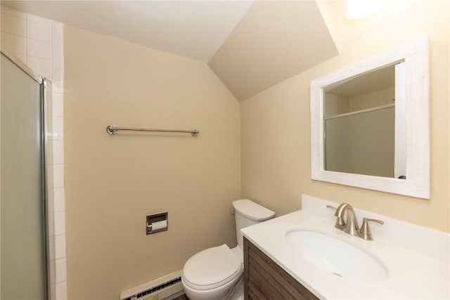 6950 Ryan Gulch Rd Unit 6950, Silverthorne, CO 80498 - full bathroom with toilet, baseboard heating, an enclosed shower, lofted ceiling, and vanity
