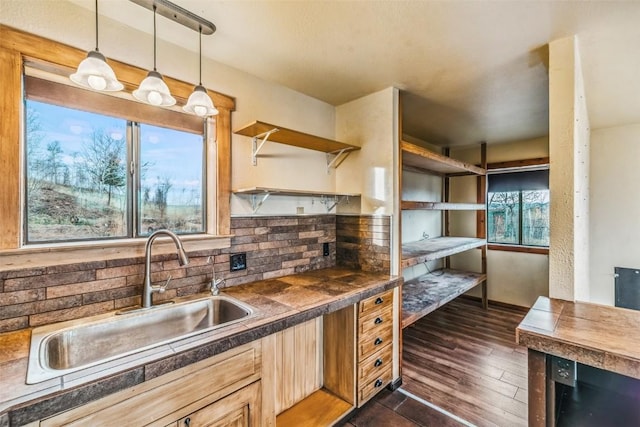 259 Falcon Rd, Como, CO 80432 - kitchen with a sink, dark countertops, open shelves, dark wood-style flooring, and backsplash