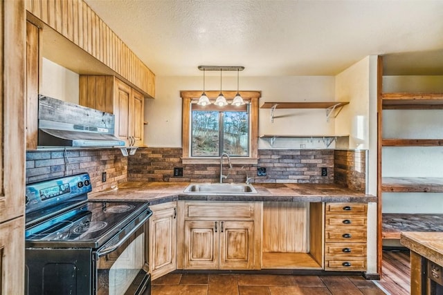 259 Falcon Rd, Como, CO 80432 - kitchen featuring electric range, a sink, open shelves, backsplash, and hanging light fixtures