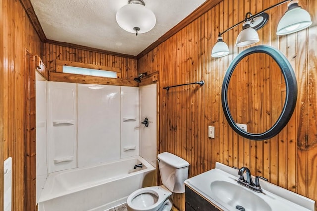 259 Falcon Rd, Como, CO 80432 - full bathroom with wood walls, shower / bathtub combination, toilet, vanity, and a textured ceiling