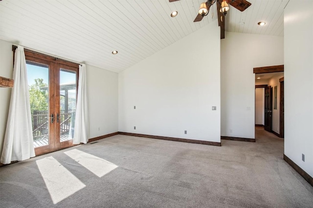 297 County Road 1012, Silverthorne, CO 80498 - carpeted spare room featuring french doors, ceiling fan, recessed lighting, baseboards, and wood ceiling with exposed beams