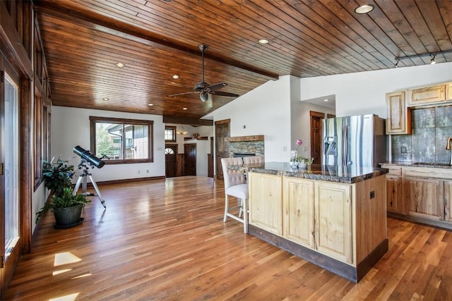 297 County Road 1012, Silverthorne, CO 80498 - kitchen with stainless steel refrigerator with ice dispenser, ceiling fan, vaulted ceiling, a sink, and open floor plan