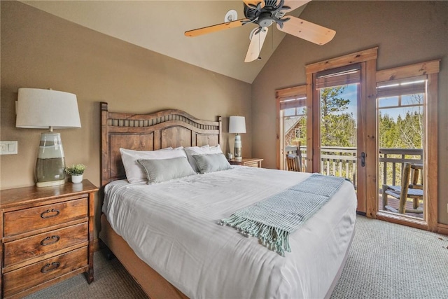 carpeted bedroom featuring lofted ceiling, access to outside, and a ceiling fan