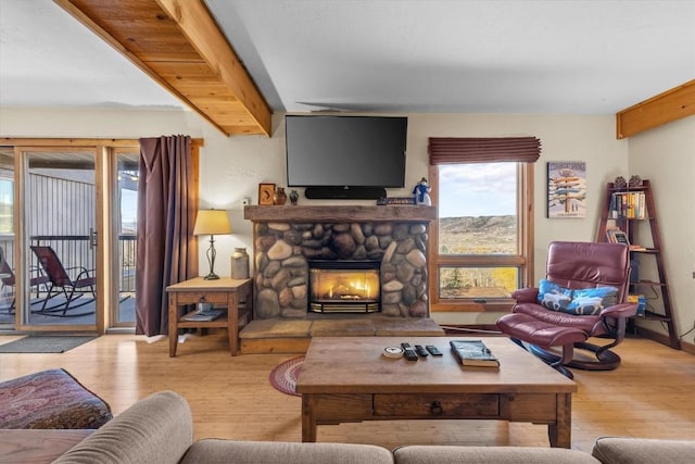 living room featuring a stone fireplace and wood finished floors