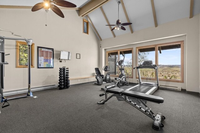 exercise room featuring baseboards, ceiling fan, a baseboard heating unit, and high vaulted ceiling