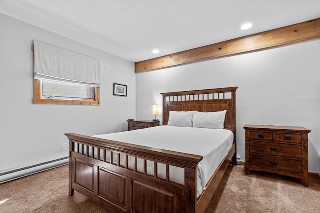 bedroom featuring a baseboard radiator, carpet flooring, and recessed lighting