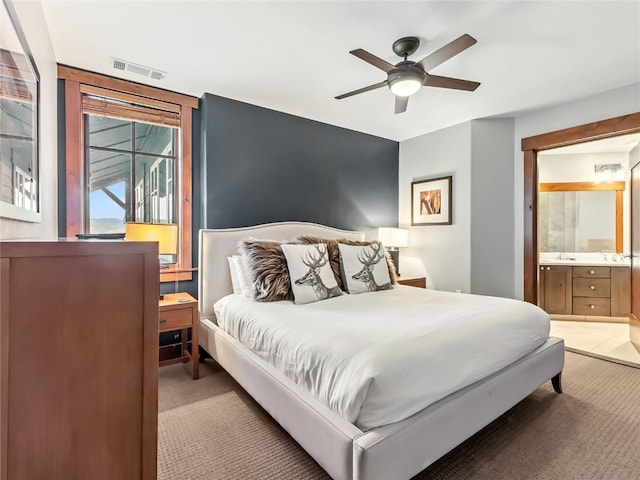 1521 Ski Hill Rd Unit 8424, Breckenridge, CO 80424 - bedroom featuring light colored carpet, ensuite bathroom, and ceiling fan