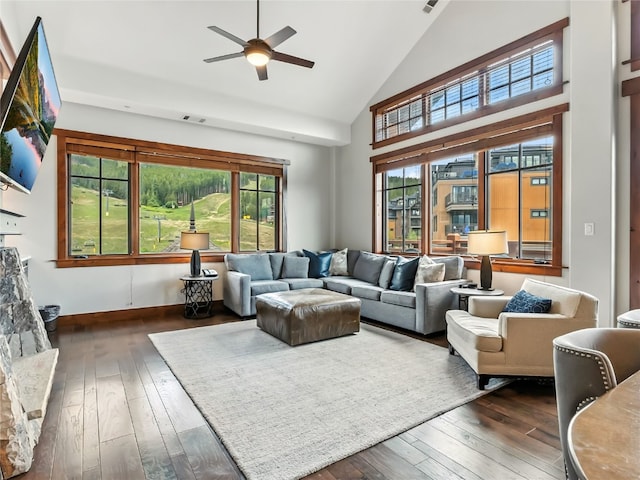1521 Ski Hill Rd Unit 8424, Breckenridge, CO 80424 - living area with plenty of natural light, ceiling fan, high vaulted ceiling, and dark wood-style flooring