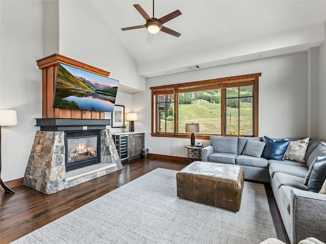 1521 Ski Hill Rd Unit 8424, Breckenridge, CO 80424 - living area with a fireplace, dark wood-style flooring, a ceiling fan, high vaulted ceiling, and wine cooler