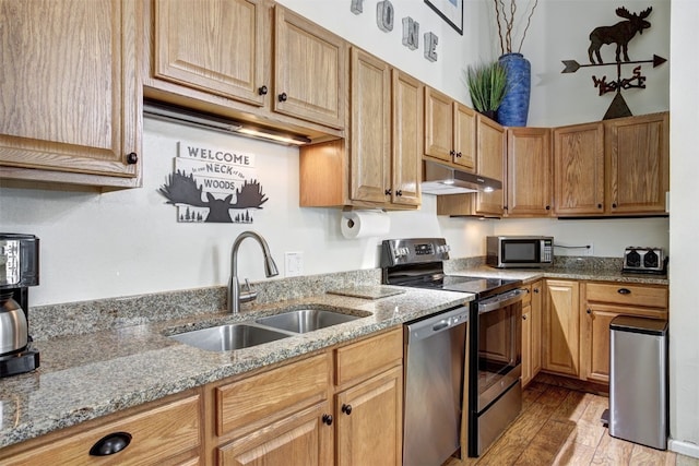 1937 Soda Ridge Rd Unit 1138, Keystone, CO 80435 - kitchen with appliances with stainless steel finishes, a sink, under cabinet range hood, light stone countertops, and light wood-style floors