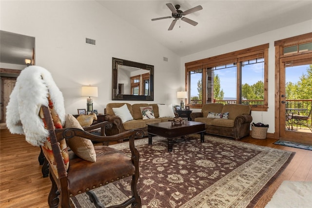 1800 Medicine Springs Dr Unit 5303, Steamboat Springs, CO 80487 - living area featuring wood finished floors, a ceiling fan, and high vaulted ceiling