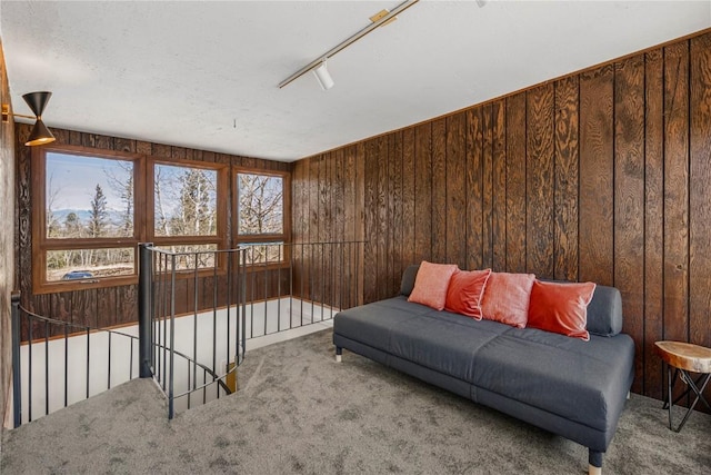 living area featuring wood walls, an upstairs landing, and carpet