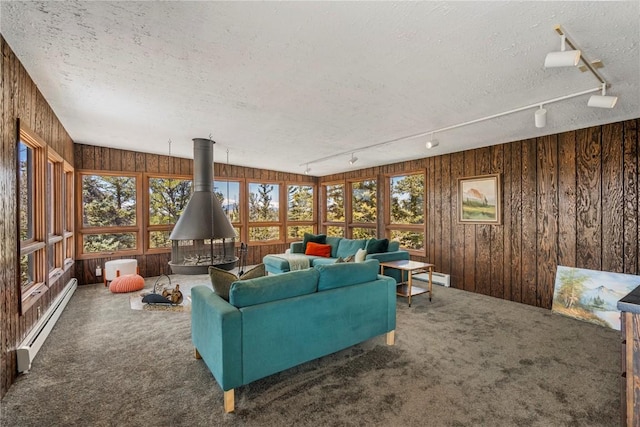 carpeted living area featuring baseboard heating, a textured ceiling, a baseboard heating unit, track lighting, and wood walls
