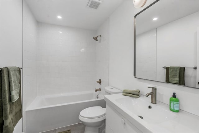 full bath featuring recessed lighting, visible vents, toilet, vanity, and  shower combination