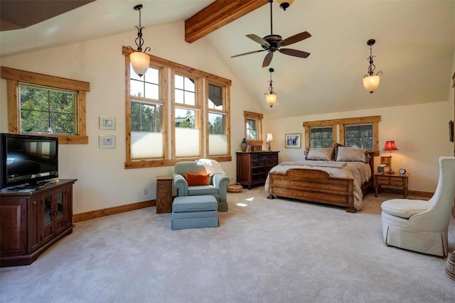 2415 Val Disere Cir, Steamboat Springs, CO 80487 - bedroom featuring beam ceiling, carpet, and high vaulted ceiling