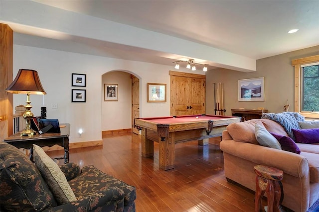 2415 Val Disere Cir, Steamboat Springs, CO 80487 - game room featuring arched walkways, wood finished floors, billiards table, and recessed lighting