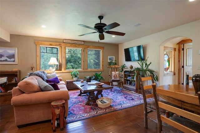 2415 Val Disere Cir, Steamboat Springs, CO 80487 - living area featuring arched walkways, a ceiling fan, wood finished floors, and recessed lighting