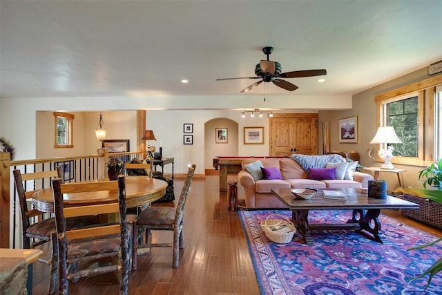 2415 Val Disere Cir, Steamboat Springs, CO 80487 - living room with ceiling fan, hardwood / wood-style floors, arched walkways, and recessed lighting