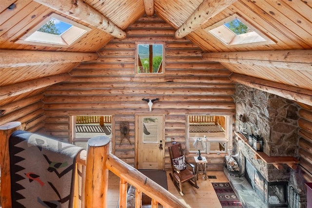 633 French Pass Cir, Jefferson, CO 80456 - unfurnished room with a skylight, wooden ceiling, hardwood / wood-style floors, and rustic walls