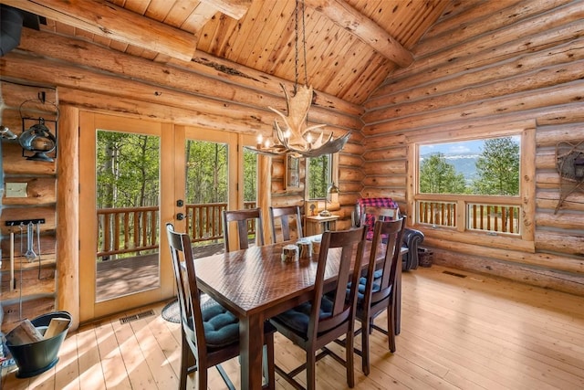 633 French Pass Cir, Jefferson, CO 80456 - dining room with wooden ceiling, a chandelier, light wood-style floors, rustic walls, and french doors