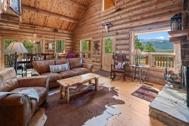 633 French Pass Cir, Jefferson, CO 80456 - living area with rustic walls, a wood ceiling with exposed beams, hardwood / wood-style flooring, high vaulted ceiling, and a mountain view
