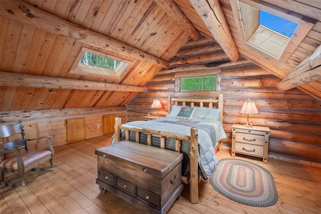 633 French Pass Cir, Jefferson, CO 80456 - bedroom with a skylight, light wood-style floors, and wood ceiling