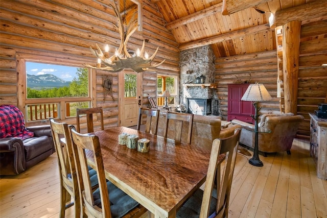 633 French Pass Cir, Jefferson, CO 80456 - dining room with a wooden ceiling with exposed beams, a chandelier, rustic walls, light wood-style flooring, and high vaulted ceiling