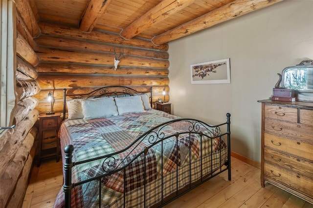633 French Pass Cir, Jefferson, CO 80456 - bedroom with rustic walls, a wooden ceiling with exposed beams, and hardwood / wood-style flooring
