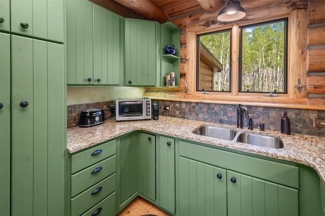 633 French Pass Cir, Jefferson, CO 80456 - kitchen featuring backsplash, light stone countertops, rustic walls, wooden ceiling, and open shelves