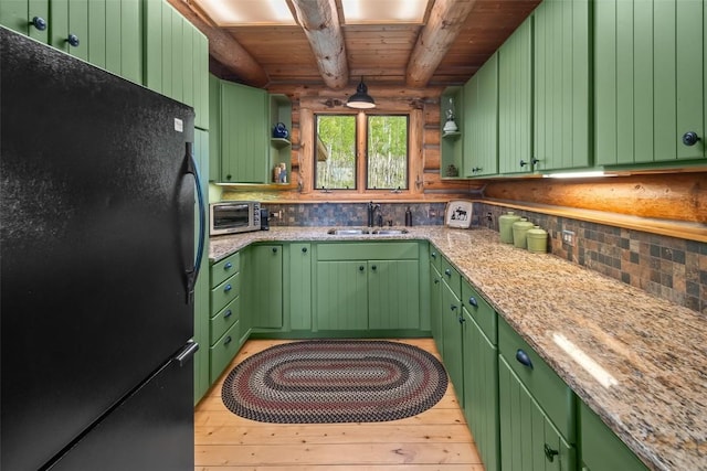 633 French Pass Cir, Jefferson, CO 80456 - kitchen featuring freestanding refrigerator, open shelves, a wood ceiling with exposed beams, tasteful backsplash, and light wood finished floors
