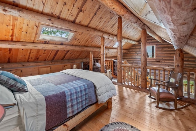 633 French Pass Cir, Jefferson, CO 80456 - bedroom with log walls, a skylight, wood-type flooring, and wooden ceiling