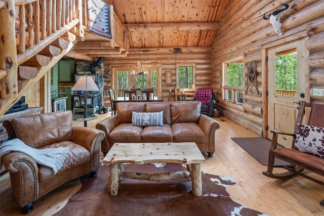633 French Pass Cir, Jefferson, CO 80456 - living area featuring log walls, wood ceiling, light wood finished floors, and lofted ceiling
