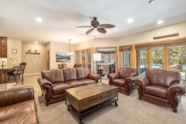 1203 W Keystone Rd Unit 2709, Keystone, CO 80435 - living room featuring recessed lighting, baseboards, light colored carpet, and ceiling fan