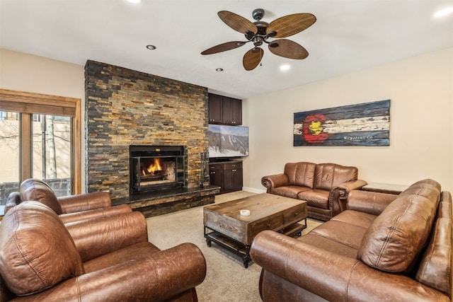 1203 W Keystone Rd Unit 2709, Keystone, CO 80435 - living room with recessed lighting, a stone fireplace, a ceiling fan, and light colored carpet