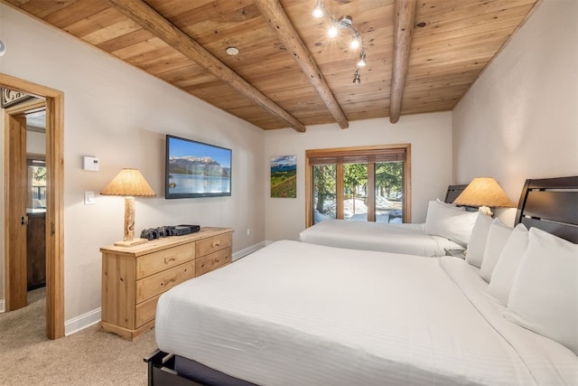 1203 W Keystone Rd Unit 2709, Keystone, CO 80435 - bedroom featuring rail lighting, light carpet, beamed ceiling, wooden ceiling, and baseboards
