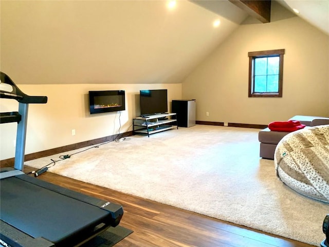 228 Cottonwood Cir, Breckenridge, CO 80424 - workout area featuring wood finished floors, vaulted ceiling, and recessed lighting