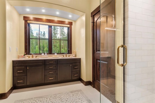 228 Cottonwood Cir, Breckenridge, CO 80424 - full bath featuring a stall shower, tile patterned flooring, double vanity, and recessed lighting