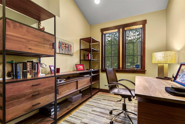 228 Cottonwood Cir, Breckenridge, CO 80424 - office featuring vaulted ceiling and wood finished floors