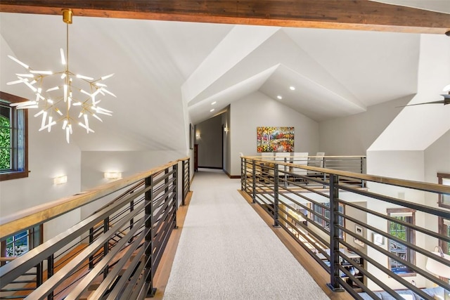 228 Cottonwood Cir, Breckenridge, CO 80424 - hall featuring recessed lighting, a chandelier, an upstairs landing, and light carpet