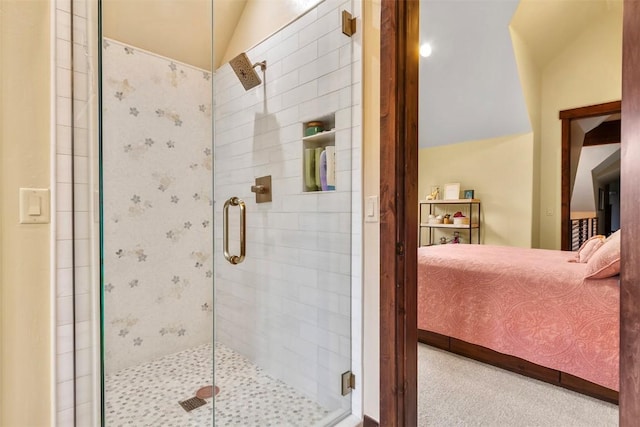 228 Cottonwood Cir, Breckenridge, CO 80424 - full bathroom featuring connected bathroom, a shower stall, and lofted ceiling